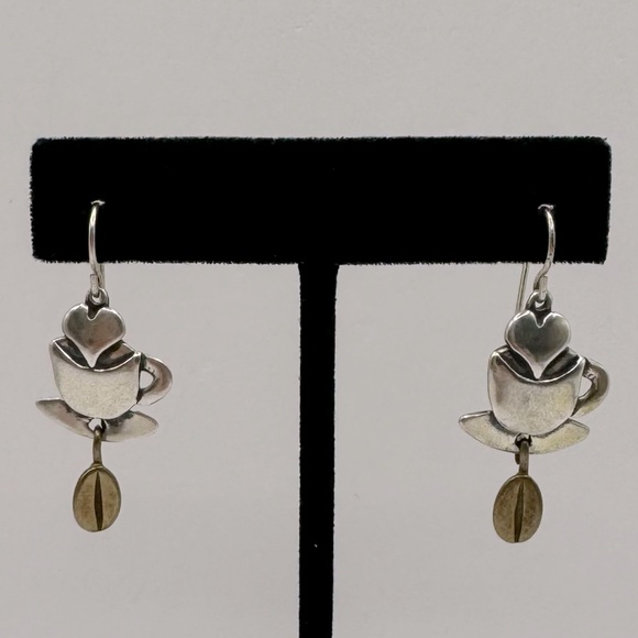 VINTAGE Sterling Silver Coffee Mug & Coffee Bean Dangle Earrings - Picture 1 of 14